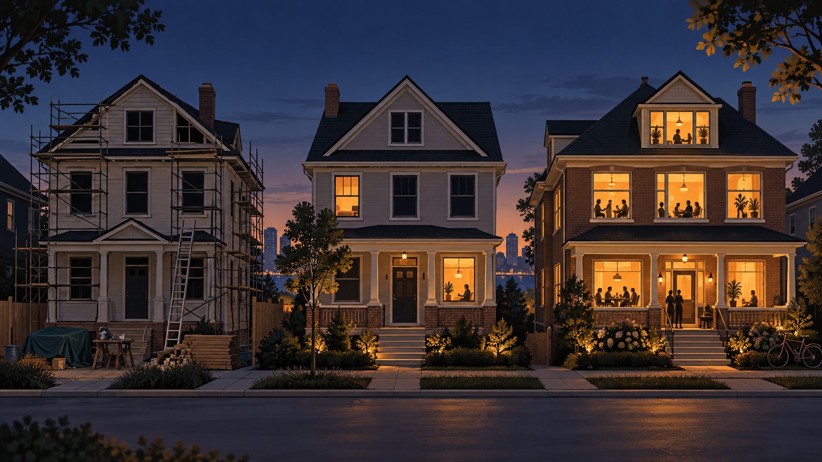 Three houses at dusk: one under renovation with dark windows, one with a few windows lit, one with every window lit.